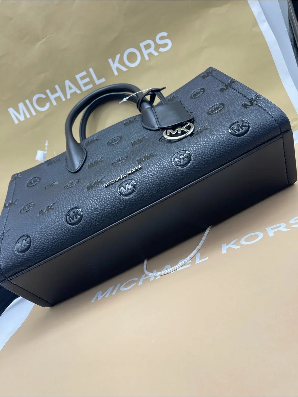 MICHAEL KORS Mirella Md Logo Debossed Satchel Shoulder Tote Crossbody Black NWT